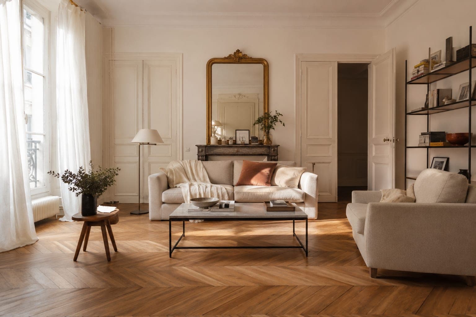 Salon d'un appartement haussmannien parisien lumineux, cheminée en marbre et parquet en point de Hongrie