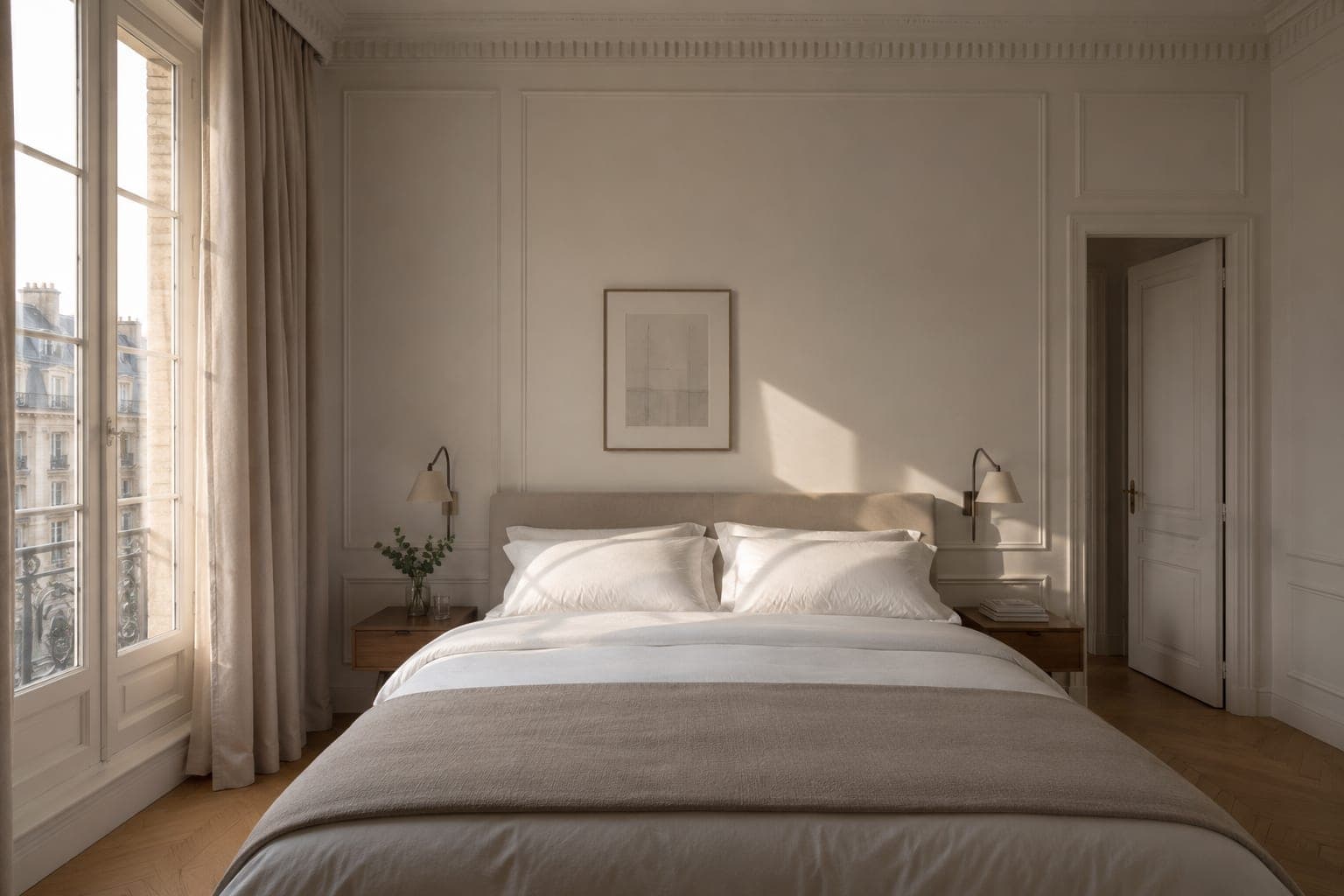 Chambre d'un appartement haussmannien parisien baignée de lumière naturelle