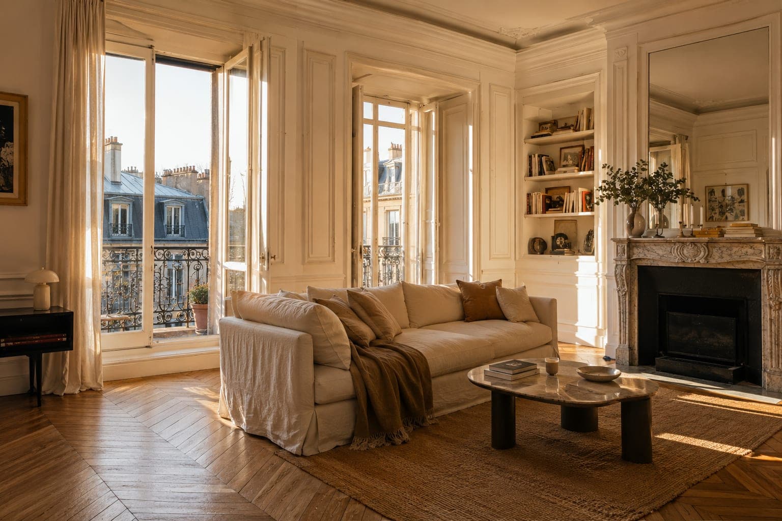 Salon d’un appartement haussmannien parisien baigné de lumière dorée